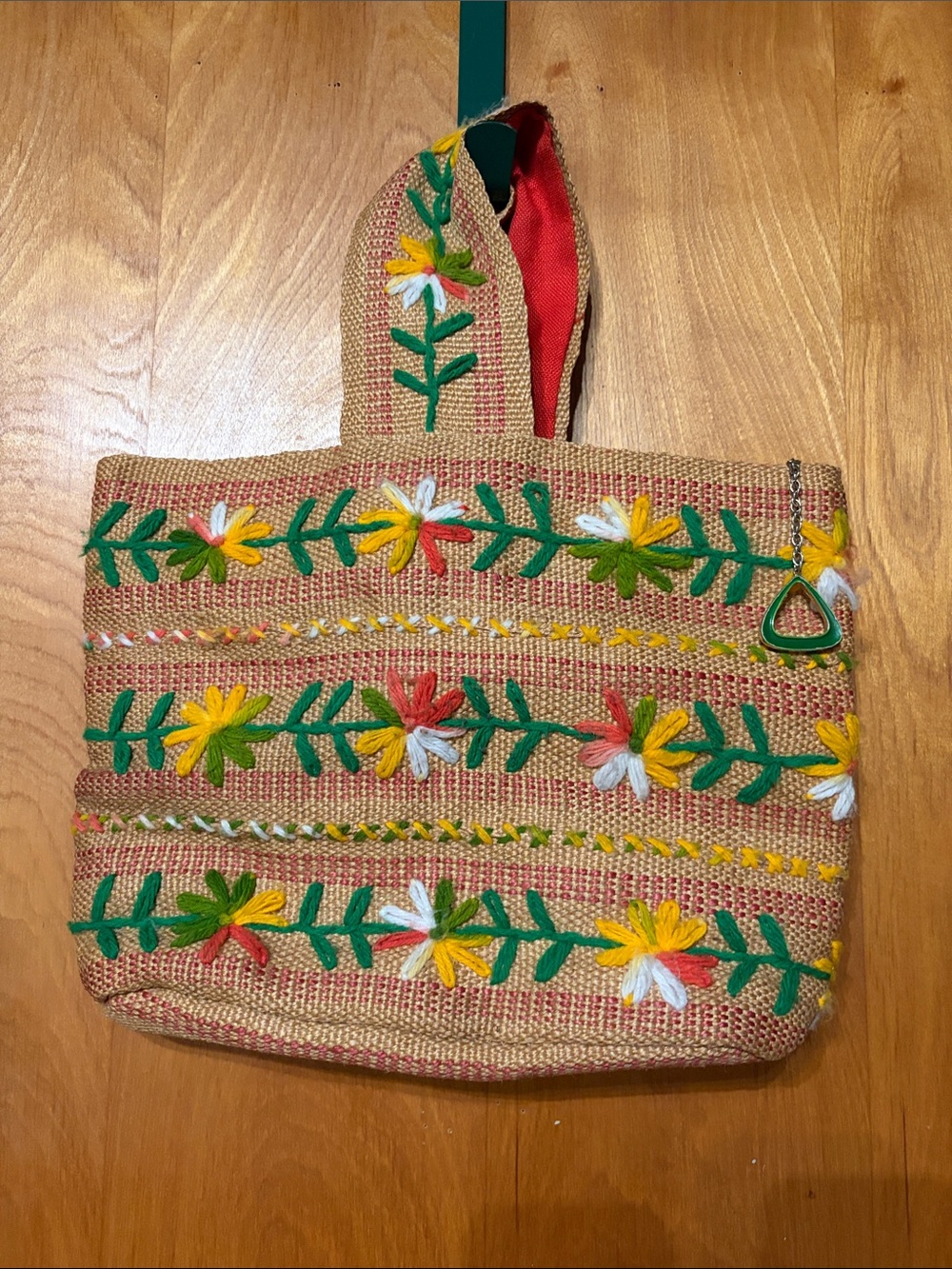 Vintage Embroidered Jute Tote Bag - Natural with Green, Yellow, White & Red